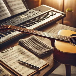 Instrumentos musicais para iniciantes, como violão e teclado