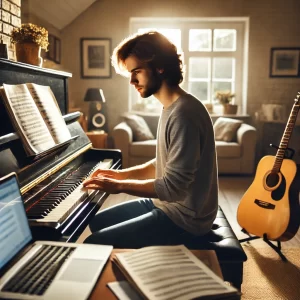 Pessoa aprendendo música sozinha em casa com piano e laptop